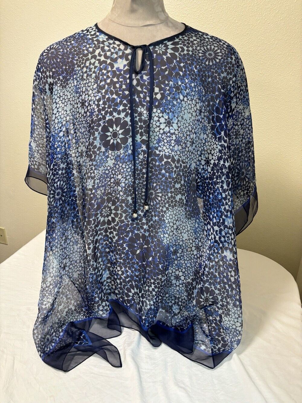 Blue Geometric Sheer Swim Cover Up Plus Size One Size Resort Wear Beach Boho Tie
